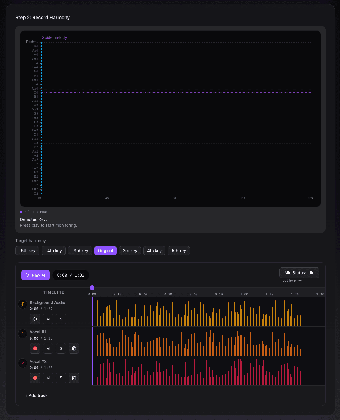 Recording view with harmony guide and waveform lanes